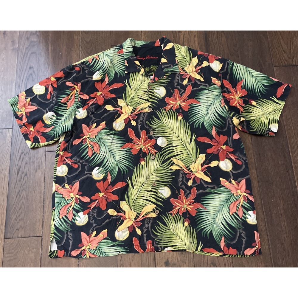 Tommy Bahama Mens XXL Black Floral 100% Silk Button Up Tropical Beach Shirt